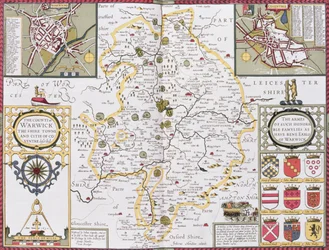 Warwickin piirikunta, Shire Town ja Coventryn kaupunki, Jodocus Hondiuksen (1563-1612) kaiverrus John Speedin Theatre of the Empire of Great Britain -pubista. John Sudbury ja George Humb